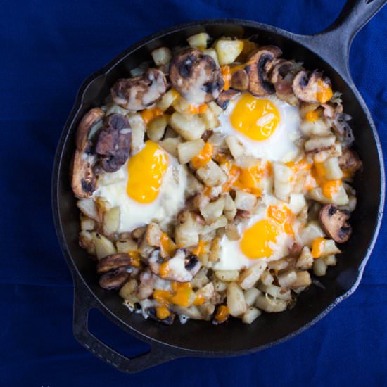 Cheesy Bacon, Mushroom, & Egg Hash