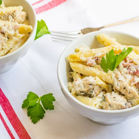 Chicken Bacon Artichoke Pasta Bake