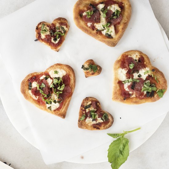 Heart Shaped “Beesting” Mini Pizzas