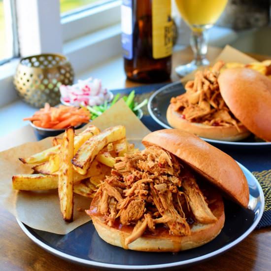 Pulled Chicken Burger and Hot Chips