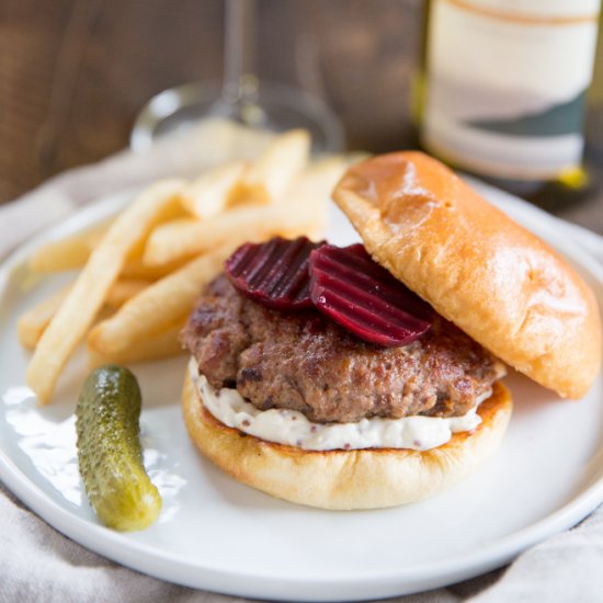 Pork Burgers with Feta Mustard