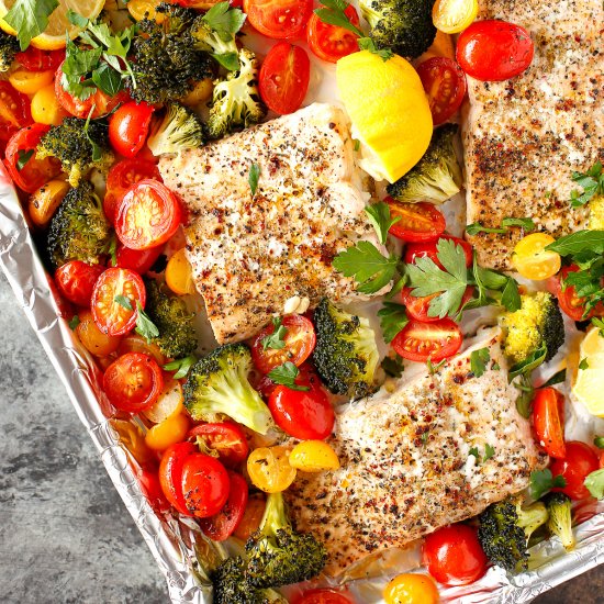 Sheet Pan Roasted Salmon + Veggies