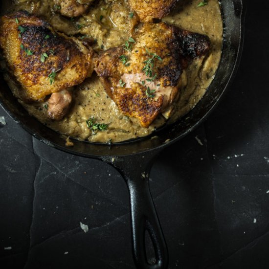 Skillet Chicken + Garlic Wine Gravy