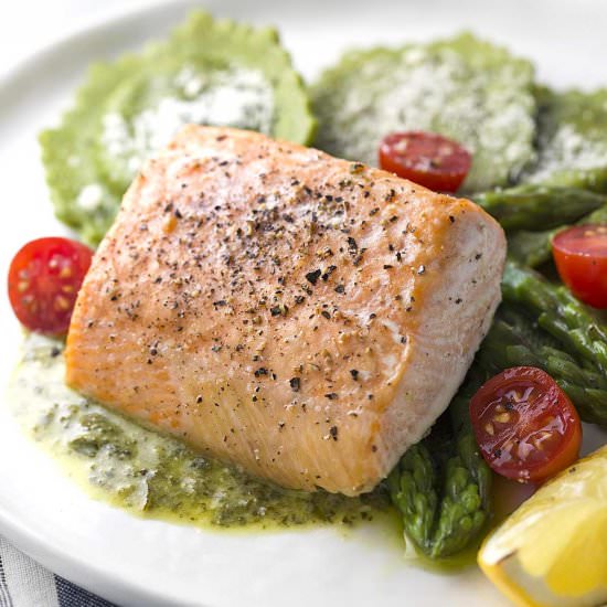 Salmon with Asparagus Ravioli