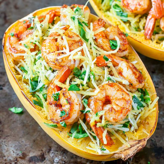 Pesto Shrimp Spaghetti Squash