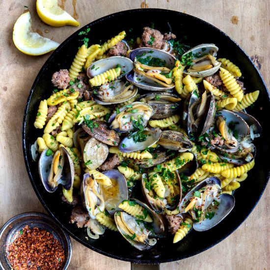 Saffron Pasta w/ Clams and Sausage