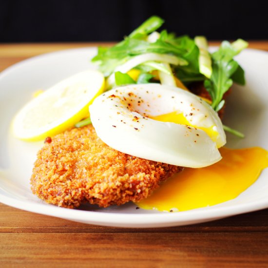 chicken milanese with poached eggs