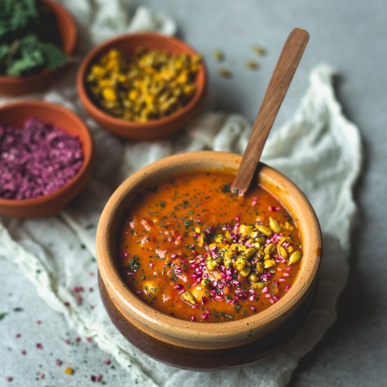 Tomato soup with savory sprinkles