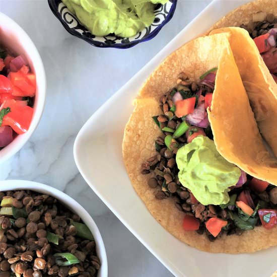 vegan lentil tacos w/avocado whip