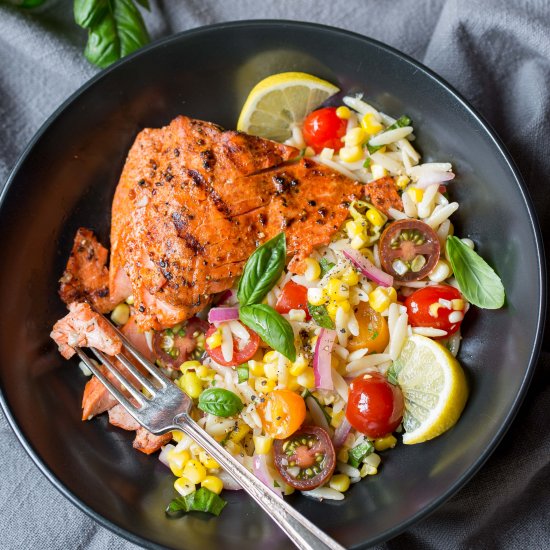 Grilled Salmon & Orzo Corn Salad