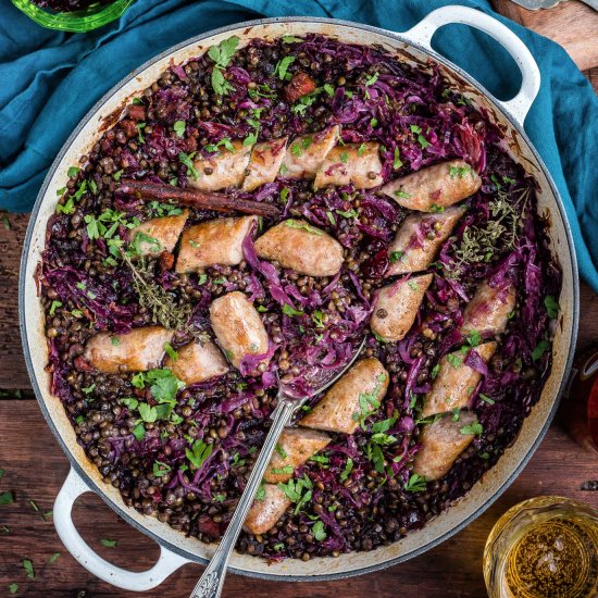 Beer-braised sausages and lentils