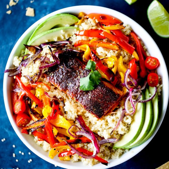 Roasted Salmon Quinoa Fajita Bowls