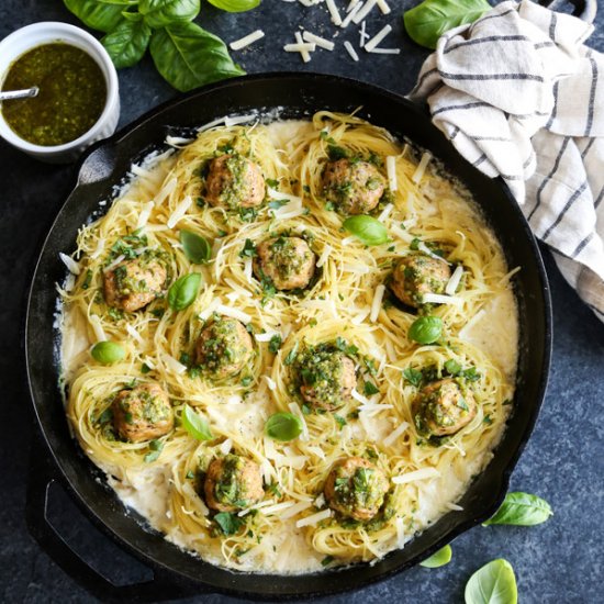 Creamy Garlic Pasta Nests with Pesto