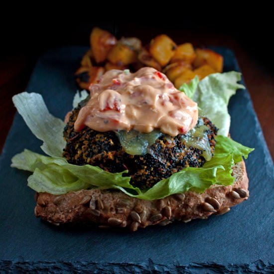 Quinoa Burger with Spicy Sauce