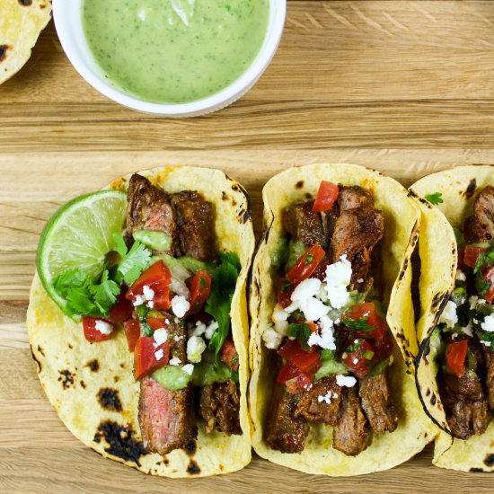 Carne Asada Tacos & Avocado Crema