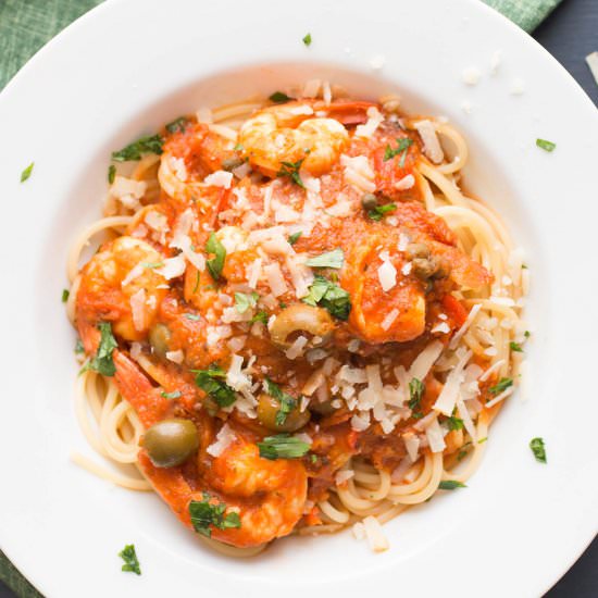 Pasta Puttanesca with Shrimp