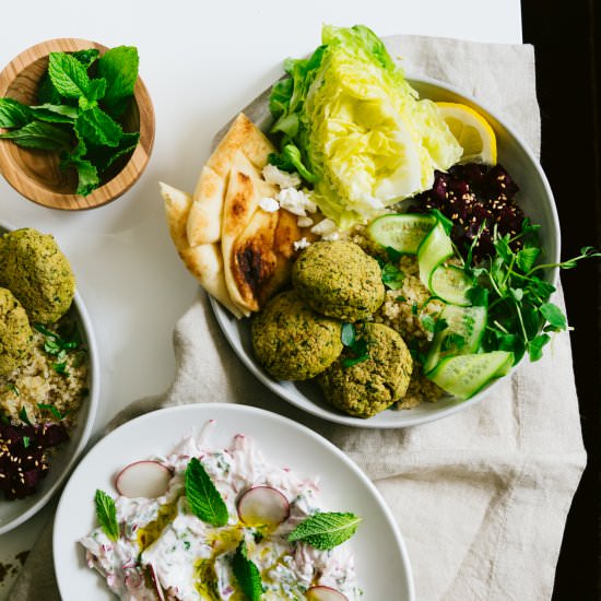 Feta stuffed falafel bowl