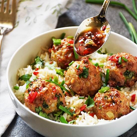 Asian Pork Meatballs over Coconut Rice