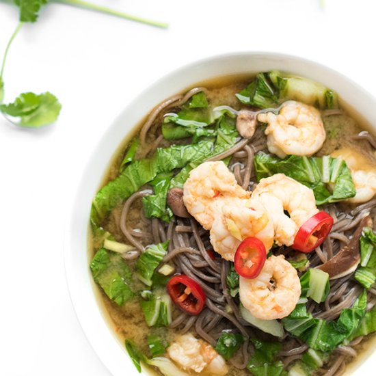 Soba Noodle Broth Bowls with Shrimp