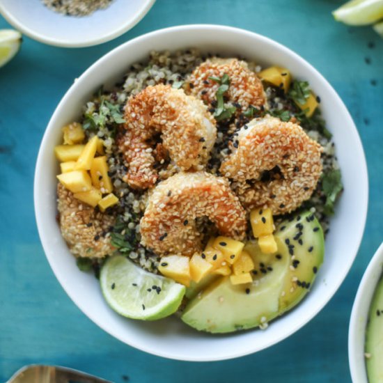 Sesame shrimp and mango quinoa bowl