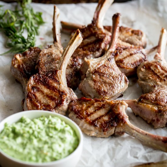 Grilled Lamb Lollipops with Pea Dip