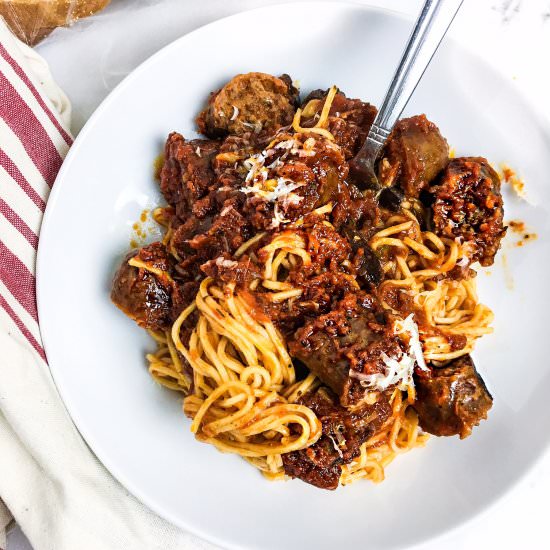 Pasta Puttanesca With Roast Sausage