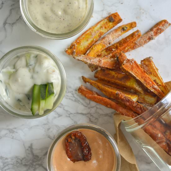 Spicy Root Fries with Vegan Dips