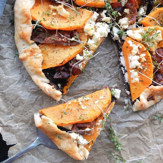 Pumpkin, onion and bacon galette