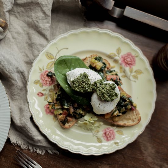 Chard, Leeks, Pesto, and Poached Eggs