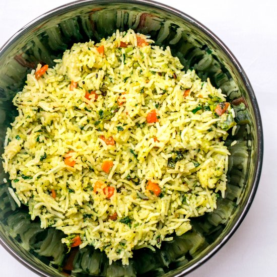 Spinach Coconut Rice Pulao or Pilaf