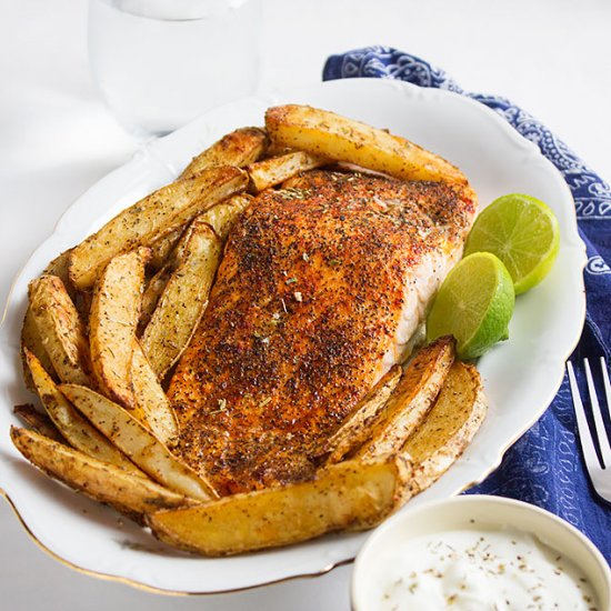 Baked Salmon with Potao Wedges