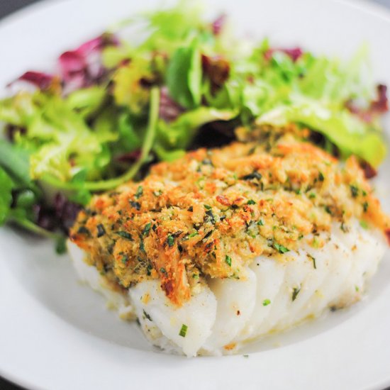 Baked cod with crab and herb crust