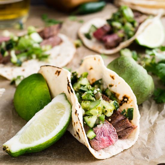 Flank Steak Tacos with Pico Verde