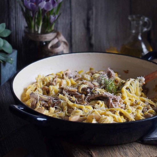 Beef leek and oyster mushroom pasta