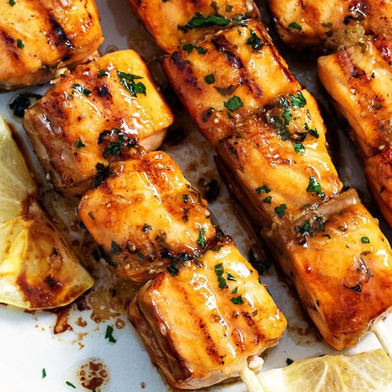 Lemon Garlic Butter Salmon Skewers