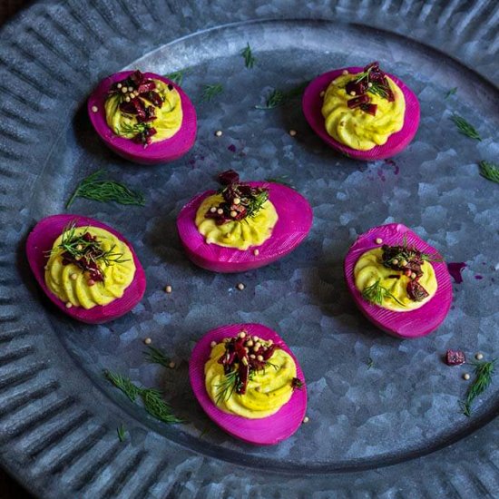 Beet-pickled curry deviled eggs