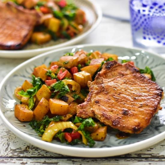 Pork Chop on Sweet Potato and Kale Hash