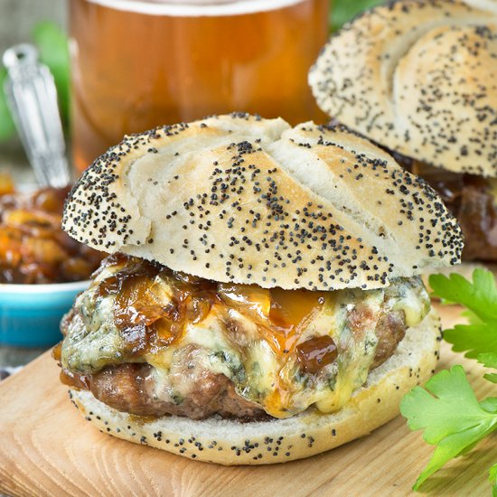 Beer Burgers with Beer Onion Jam