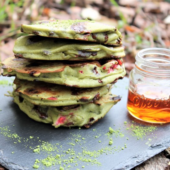 Matcha Raspberry Chocolate Pancakes