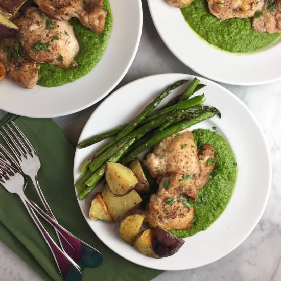 Chicken over Pea & Herb Puree