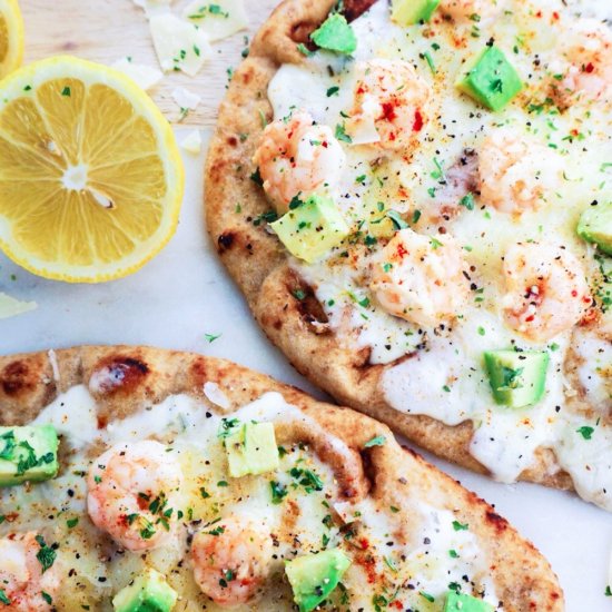 shrimp naan pizza with lemon sauce