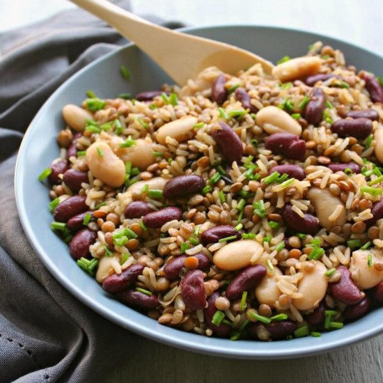 Warm Brown Rice Lentil Bean Salad