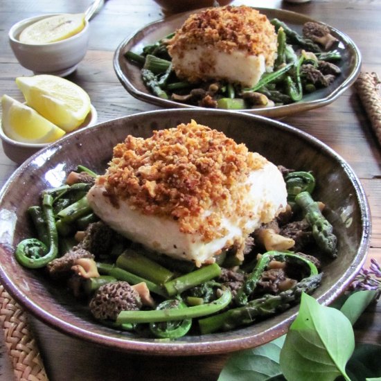 Potato Crusted Halibut with Veg