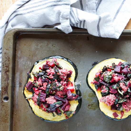 Beet and Dandelion stuffed Acorn