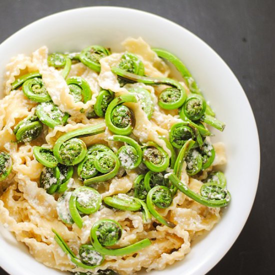 Fiddleheads with pasta and ricotta