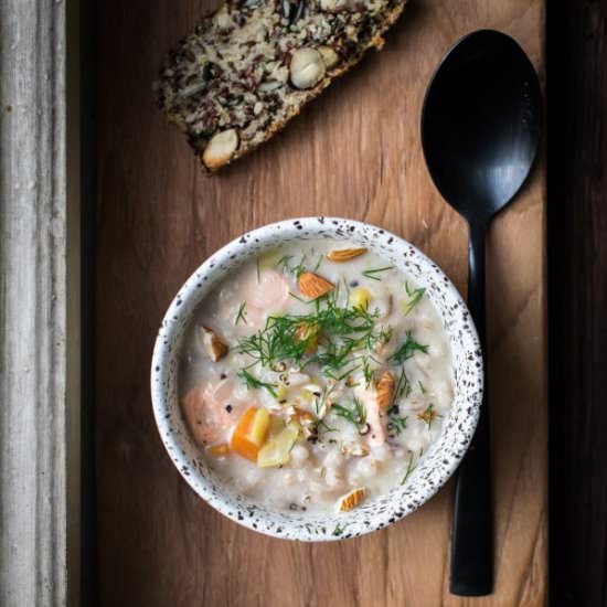 Barley, almond & salmon soup