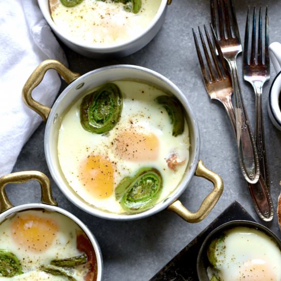 Spicy Baked Eggs with Fiddleheads