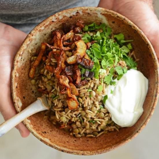 Rice and Lentils with Crispy Onions