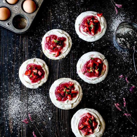 Pavlovas with Berry Rhubarb Compote