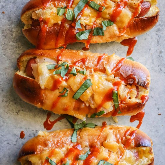 Cheesy Kimchi Hot Dogs